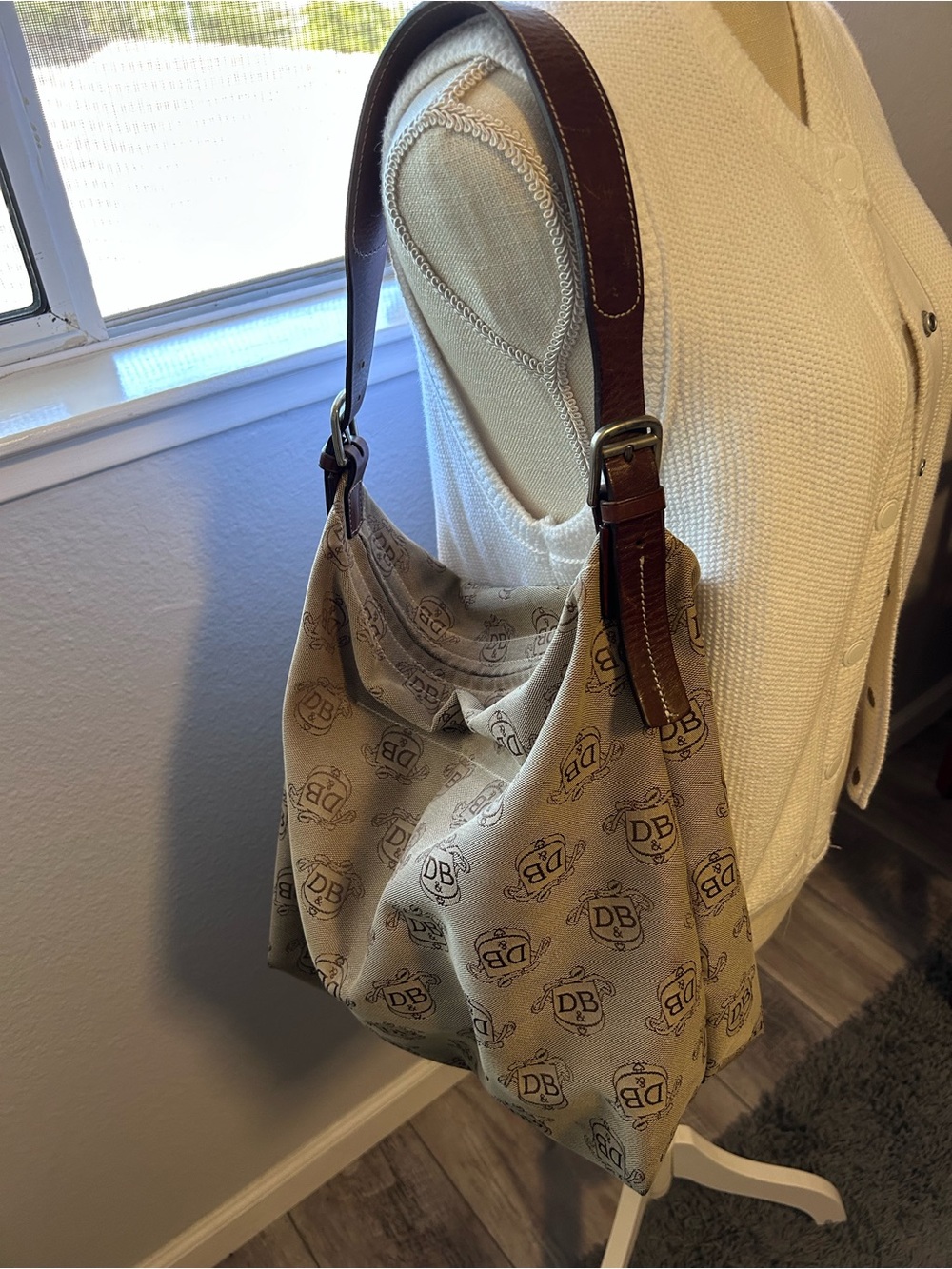 Dooney & Bourke Beige Logo Canvas Shoulder Bag with Brown Leather Strap